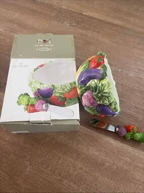 Sonoma Vegetable-Themed Ceramic Dip Bowl with Spreader — Green, Purple, Red